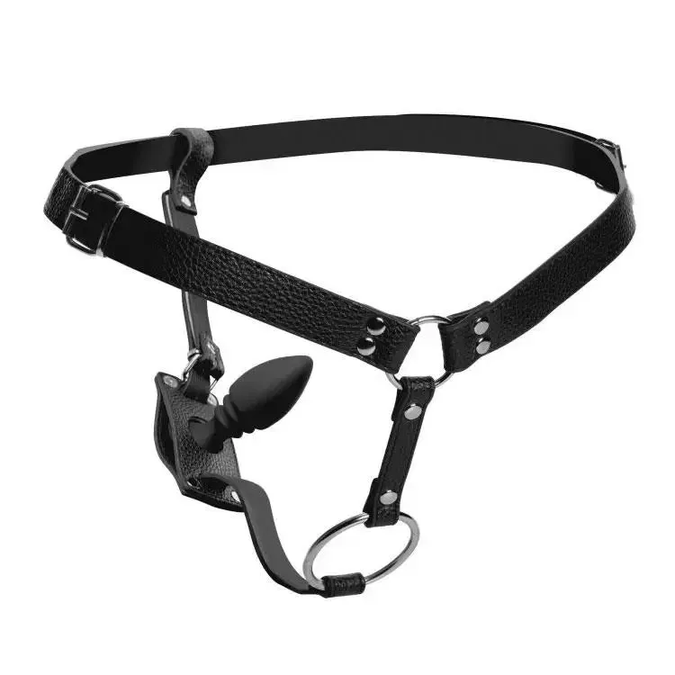 Black Male Cock Ring Harness with Silicone Butt Plug