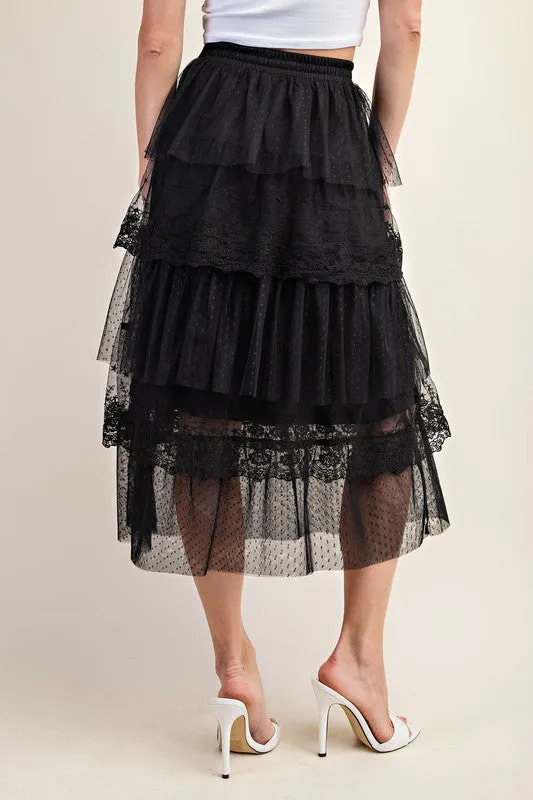 Black Ruffled Tulle Midi Skirt