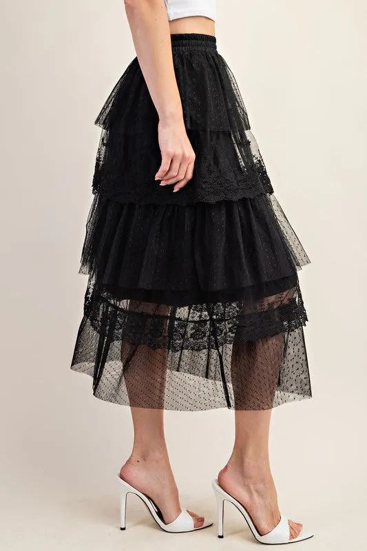 Black Ruffled Tulle Midi Skirt