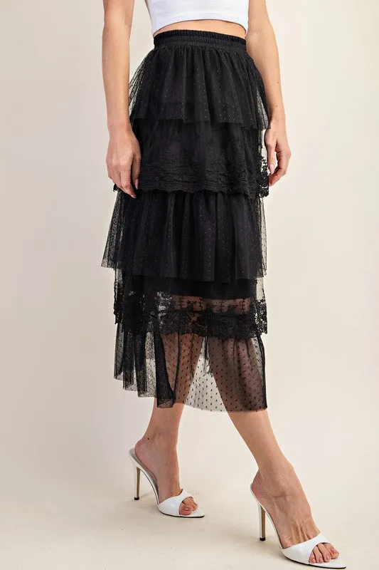 Black Ruffled Tulle Midi Skirt