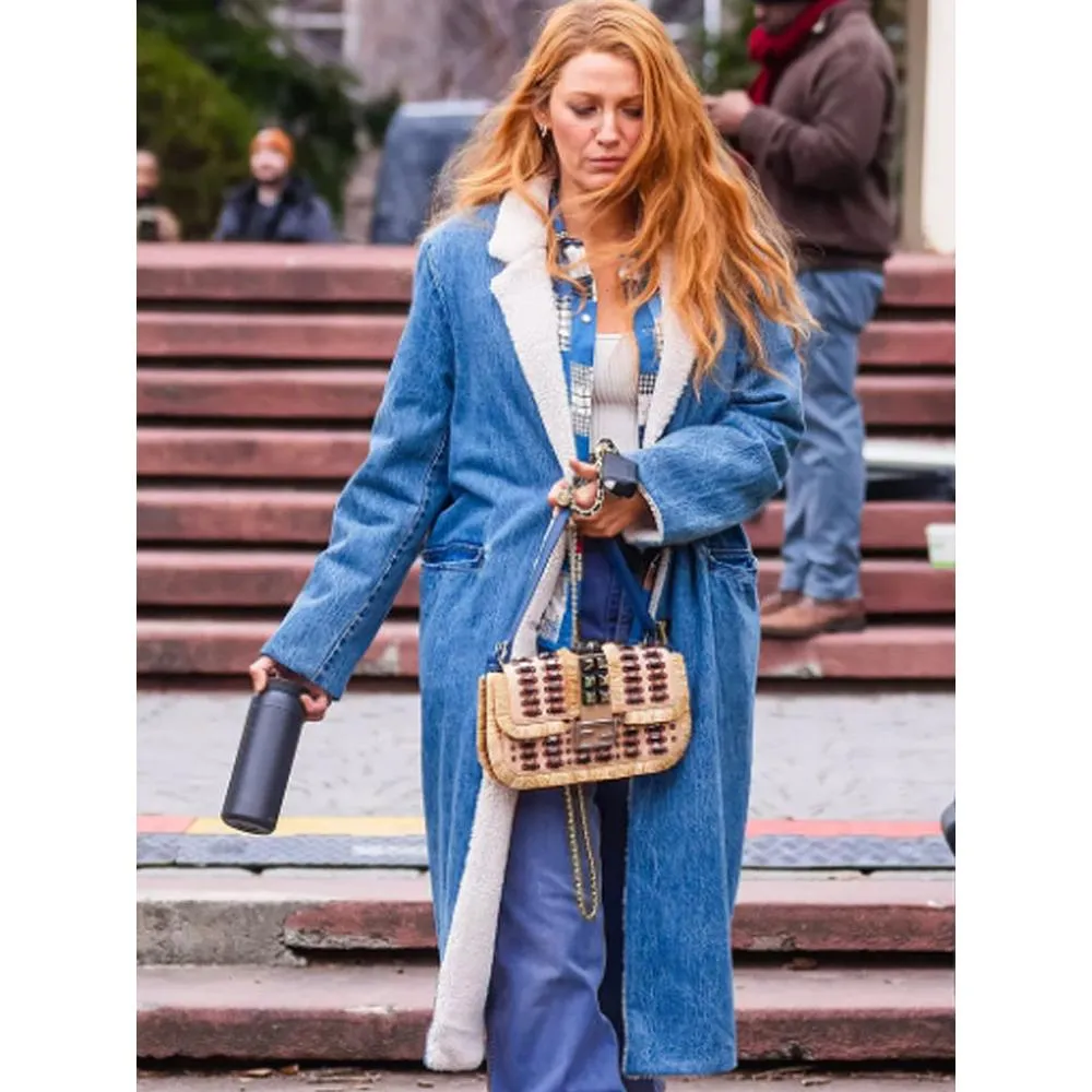 Blake Lively Blue Dress Blue Shearling Coat