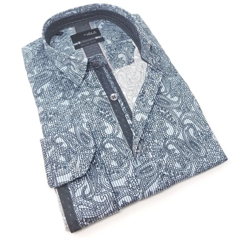 Blue Sketch Paisley Button Down Shirt W/ Trim