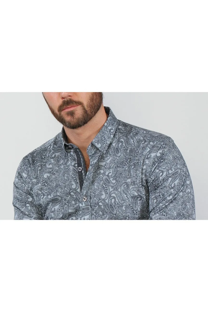 Blue Sketch Paisley Button Down Shirt W/ Trim