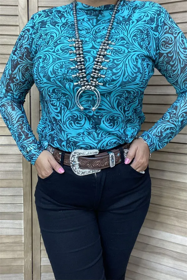 BQ15411 Teal/black  printed  tighten turtleneck long sleeve women top