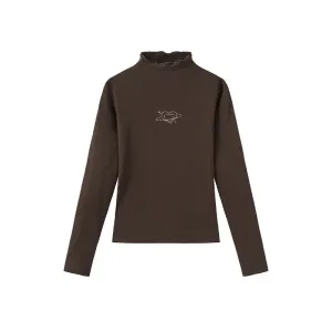 Brown Heart Embroidered Ribbed Turtleneck