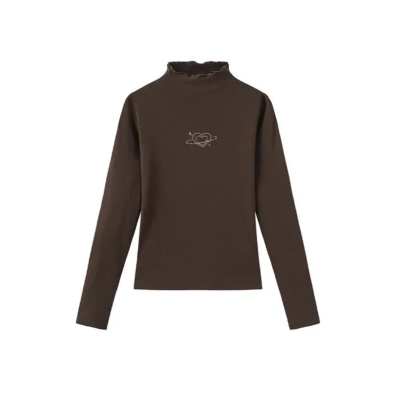 Brown Heart Embroidered Ribbed Turtleneck