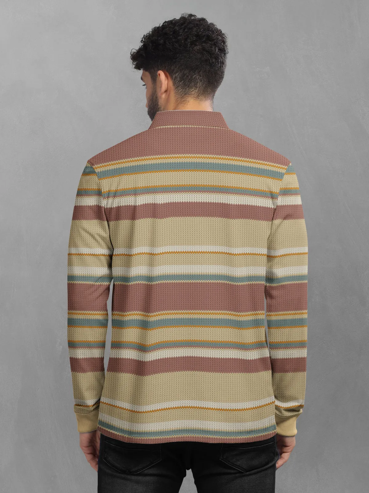 BULLMER Khaki Striped Textured Printed Polo Neck FullSleeve T-shirt With Rib For Men