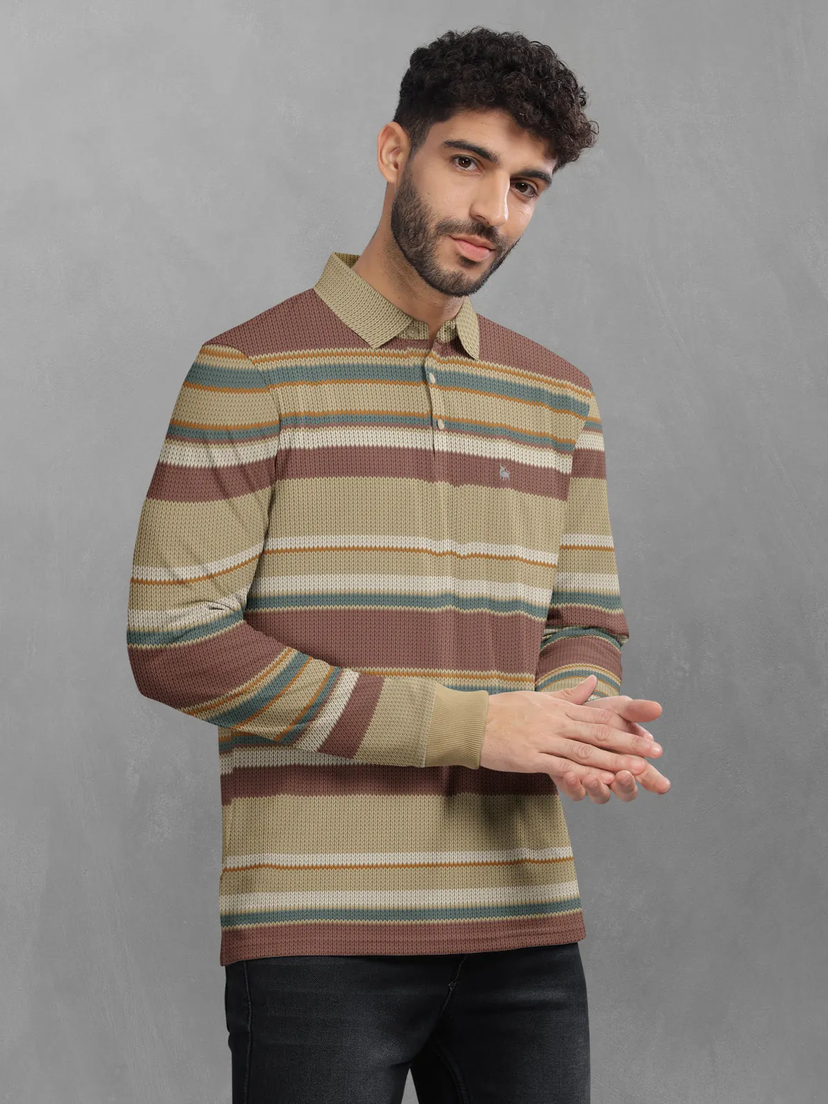 BULLMER Khaki Striped Textured Printed Polo Neck FullSleeve T-shirt With Rib For Men