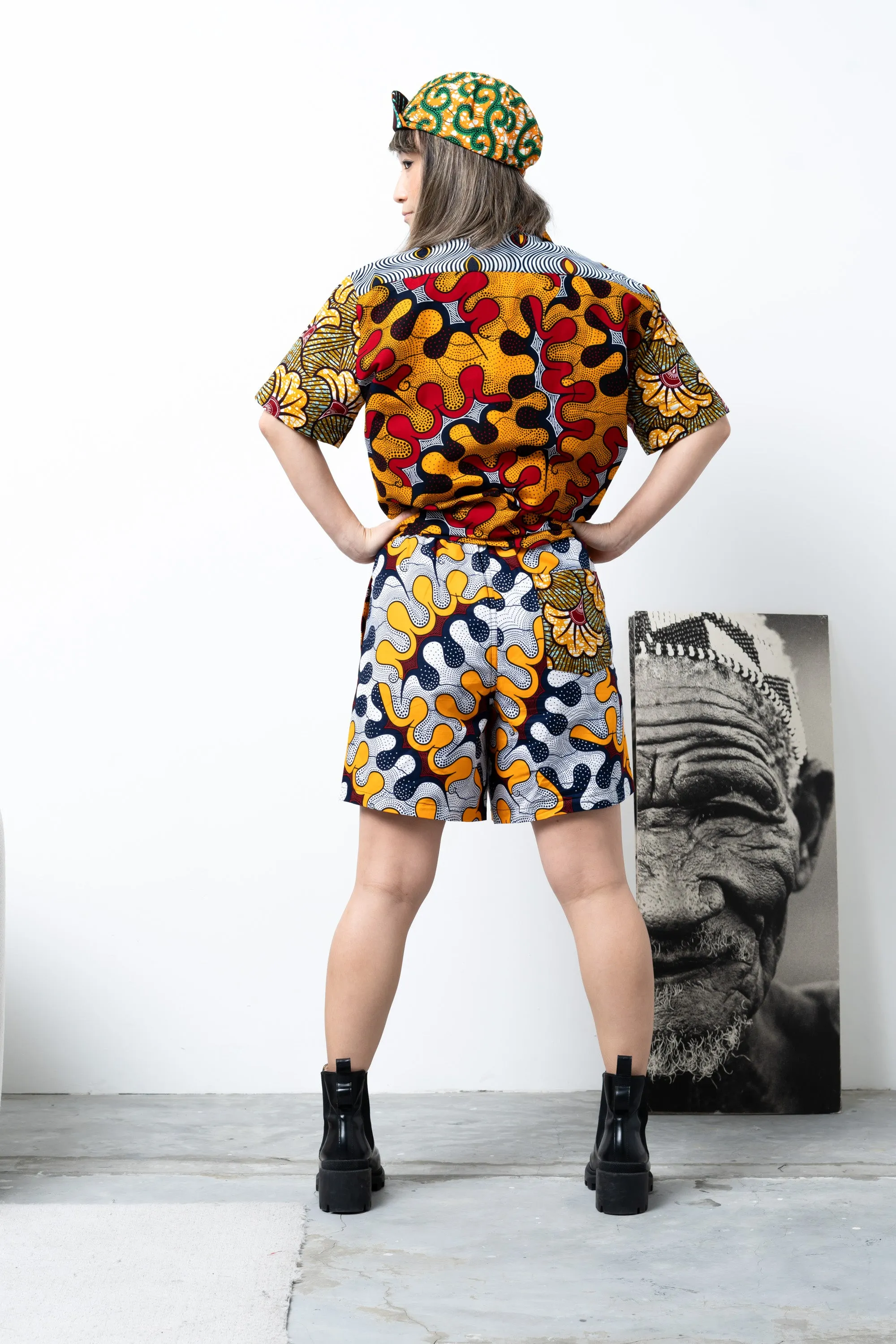 Chinny Shorts - Mix Match Awoluba Yellow Orange White and Red African Ankara Wax Cotton Print