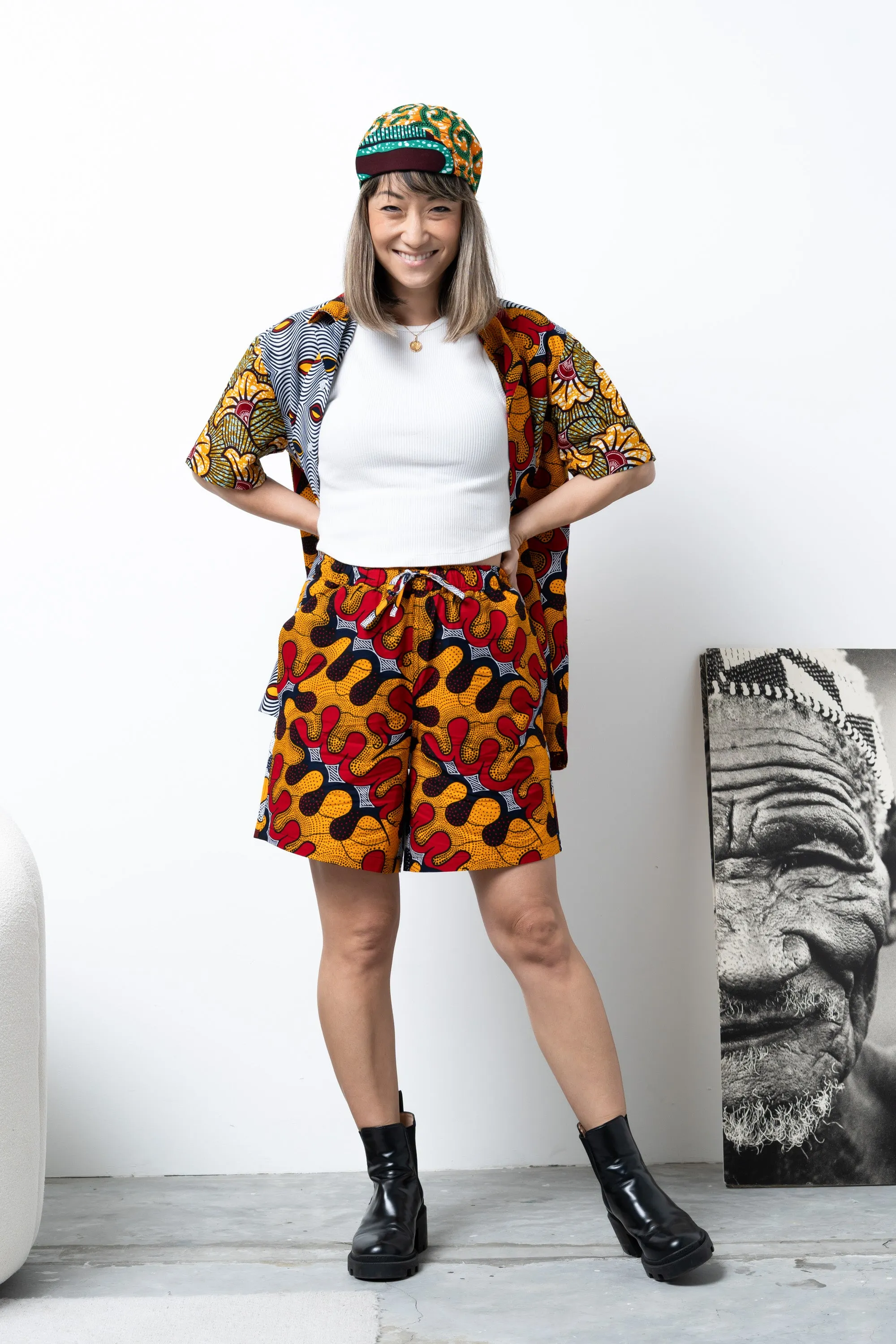 Chinny Shorts - Mix Match Awoluba Yellow Orange White and Red African Ankara Wax Cotton Print