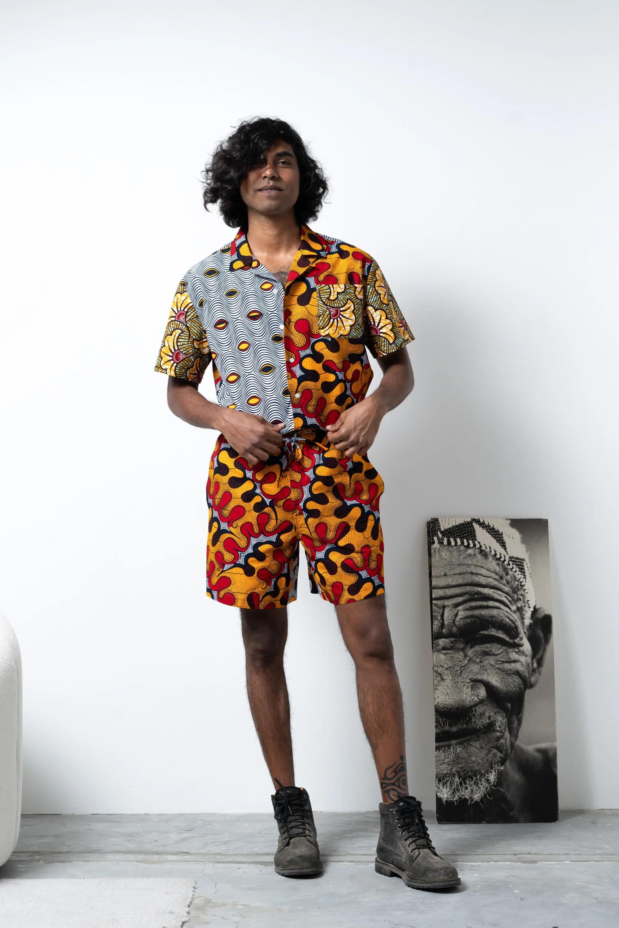 Chinny Shorts - Mix Match Awoluba Yellow Orange White and Red African Ankara Wax Cotton Print