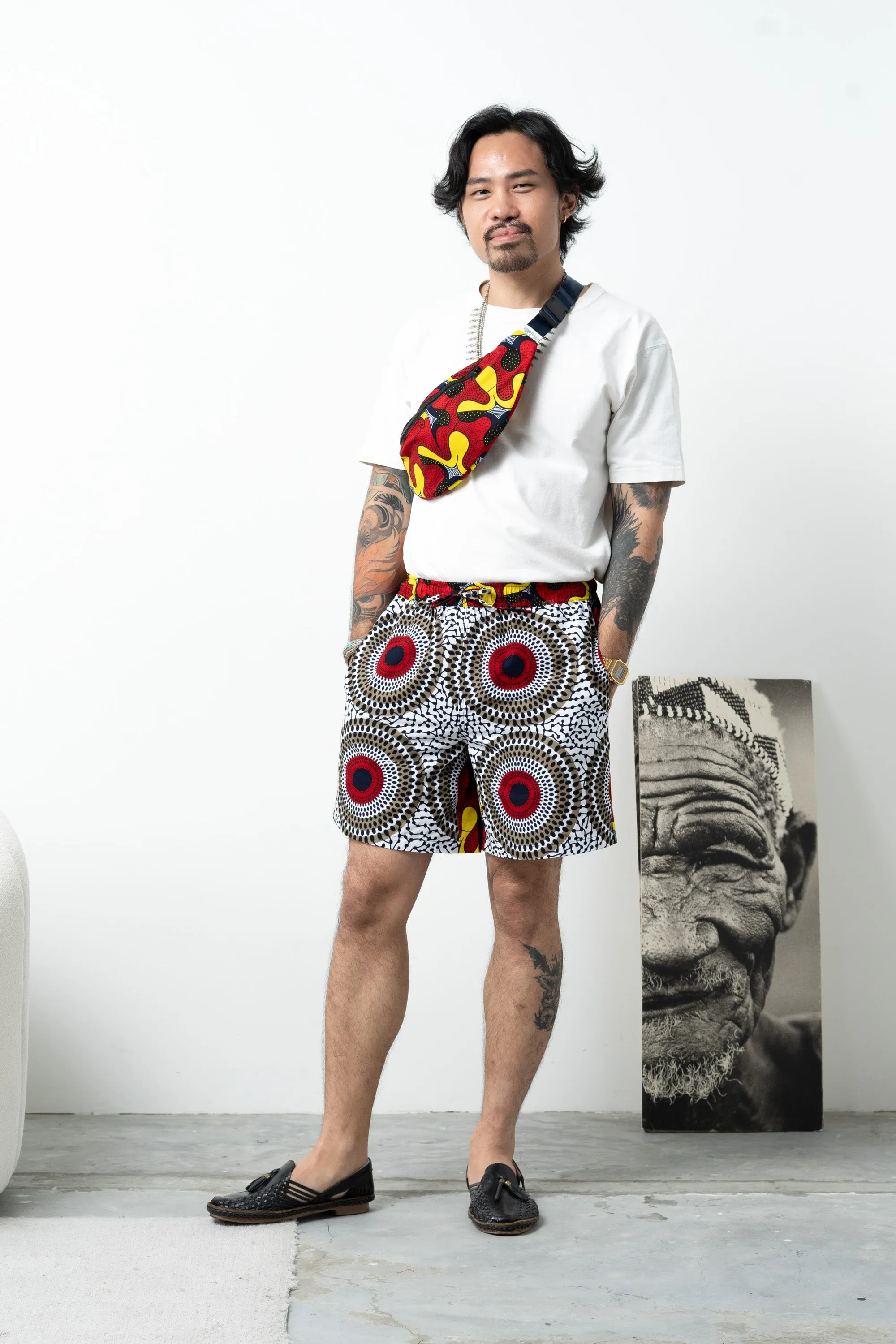 Chinny Shorts - Mix Match Awoluba/Water Well Yellow White and Red African Ankara Wax Cotton Print