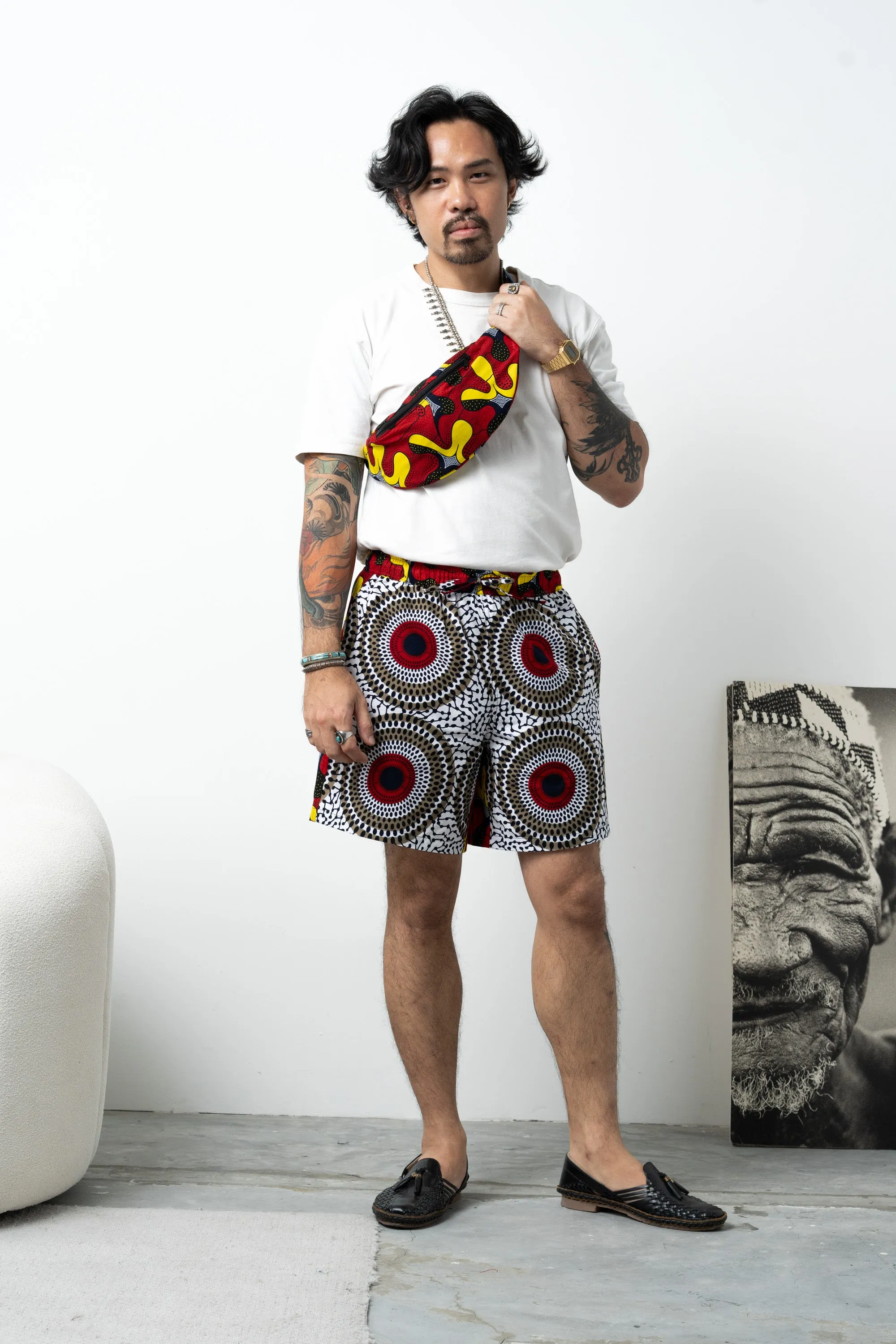 Chinny Shorts - Mix Match Awoluba/Water Well Yellow White and Red African Ankara Wax Cotton Print