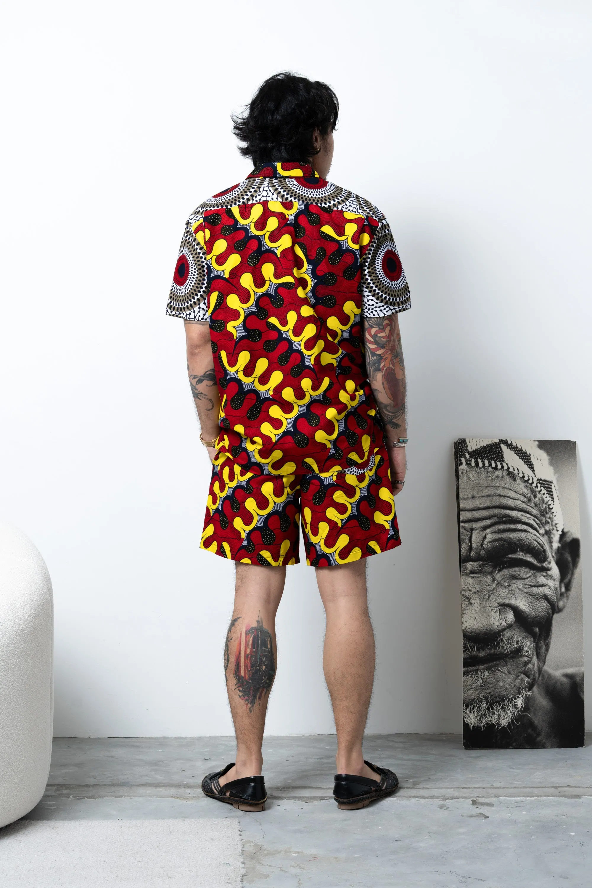 Chinny Shorts - Mix Match Awoluba/Water Well Yellow White and Red African Ankara Wax Cotton Print