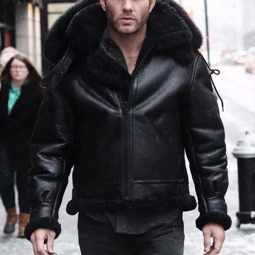 Cockpit USA Black B-3 Hooded Sheepskin Bomber Jacket