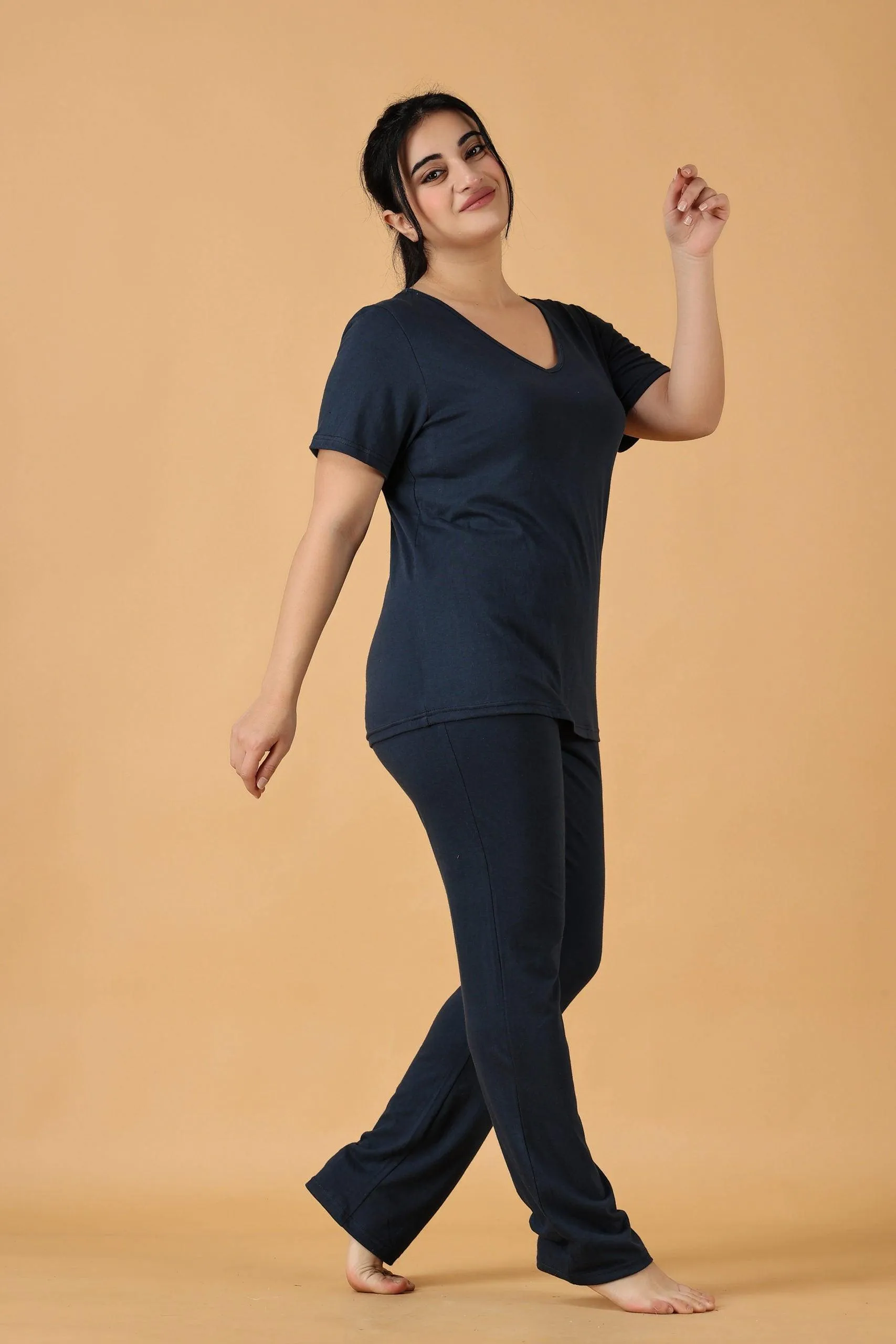 Cotton Solid Pyjama Night Suit Set -Dark Blue