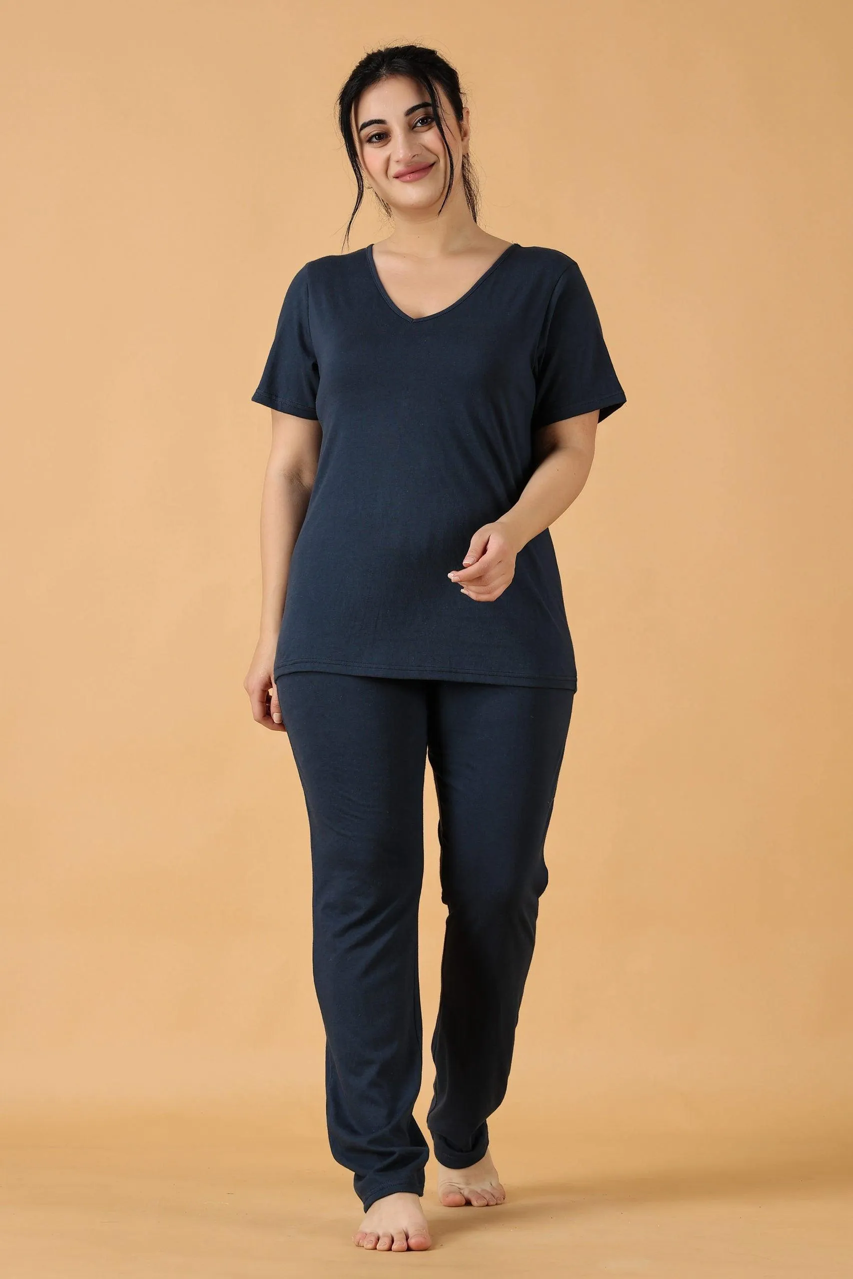 Cotton Solid Pyjama Night Suit Set -Dark Blue