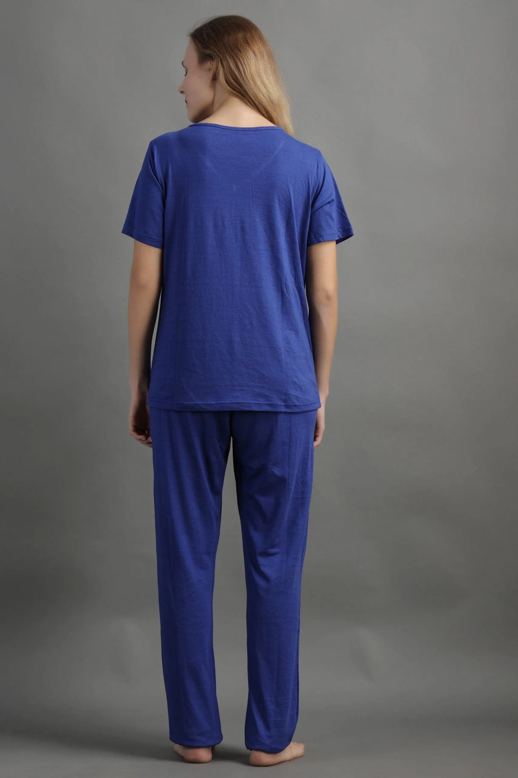 Cotton Solid Pyjama Night Suit Set -Electric Blue