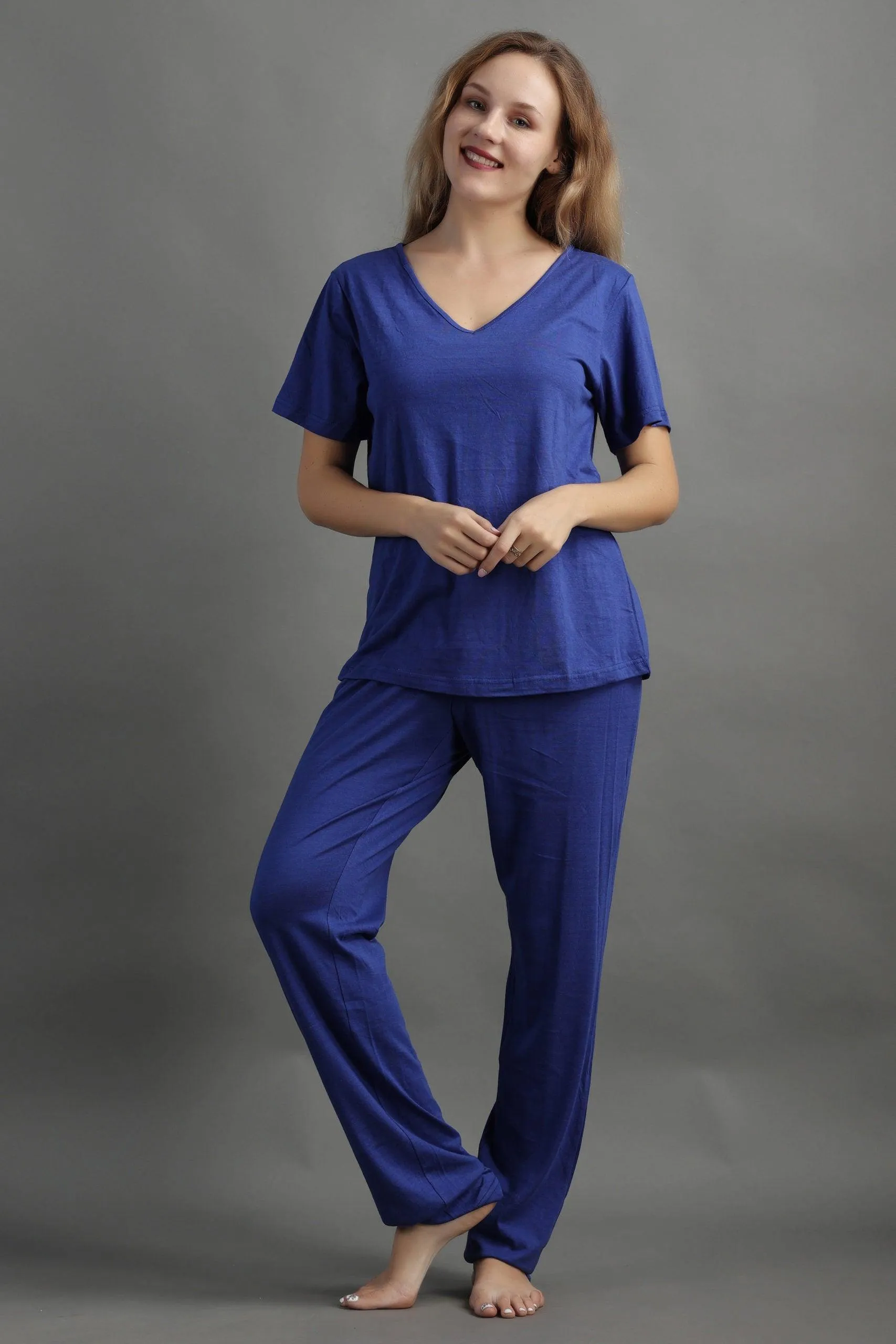 Cotton Solid Pyjama Night Suit Set -Electric Blue