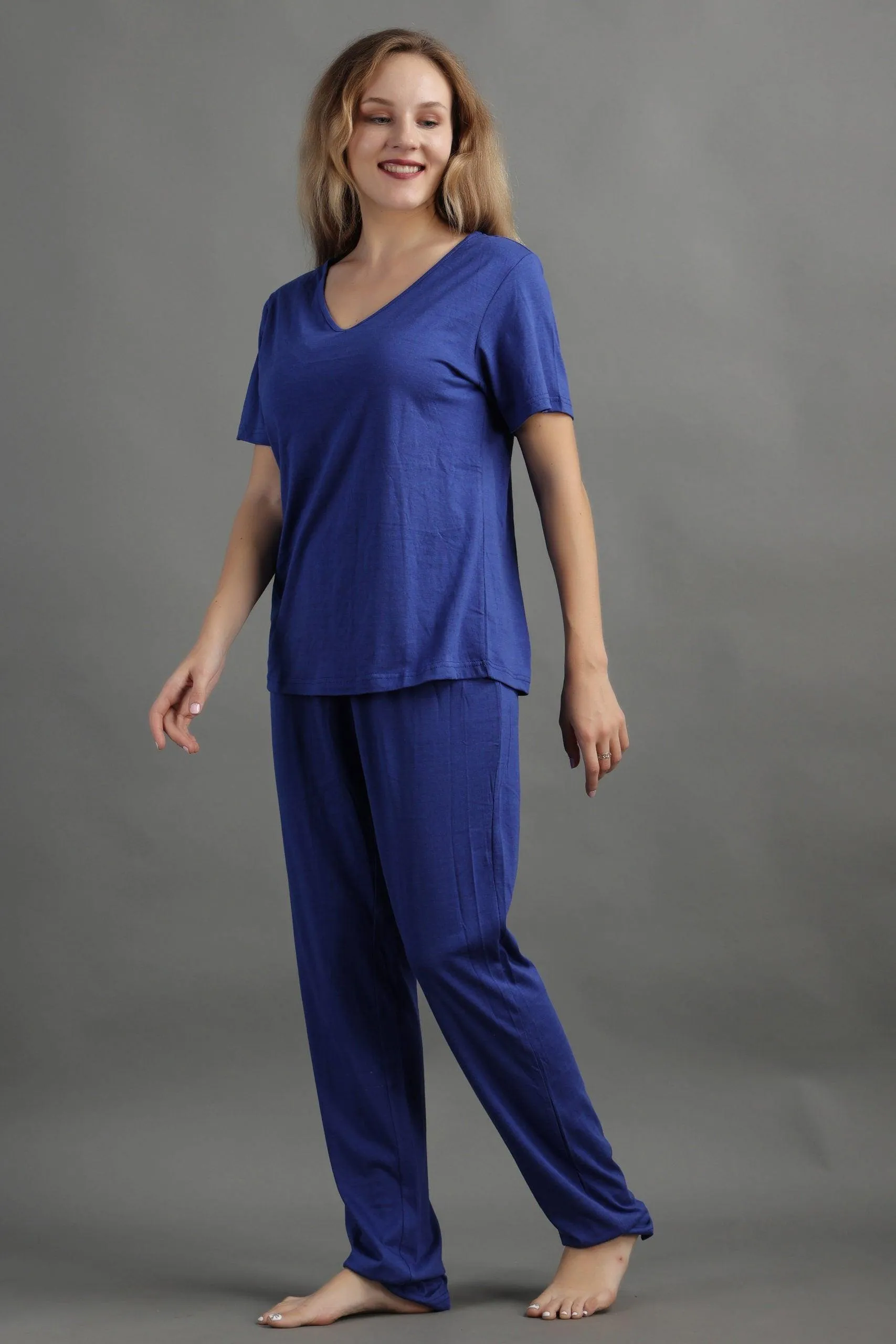 Cotton Solid Pyjama Night Suit Set -Electric Blue