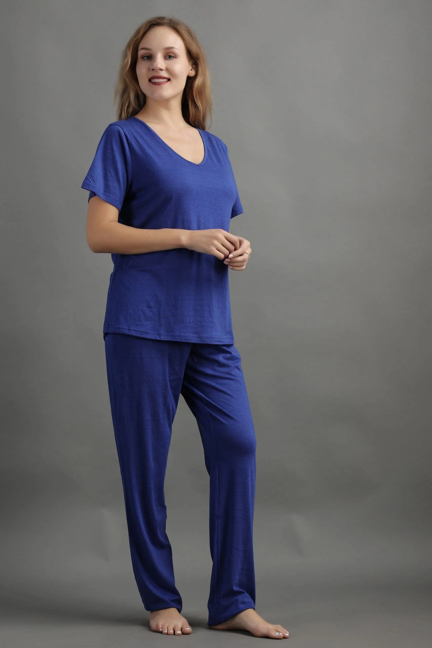 Cotton Solid Pyjama Night Suit Set -Electric Blue