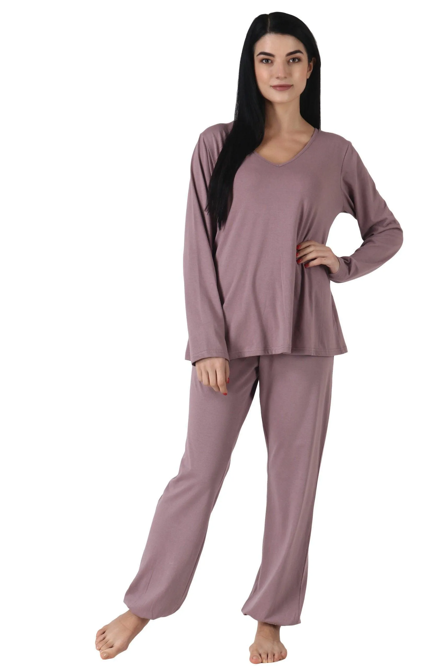 Cotton Solid Pyjama Night Suit Set with Long Sleeves-Lavender