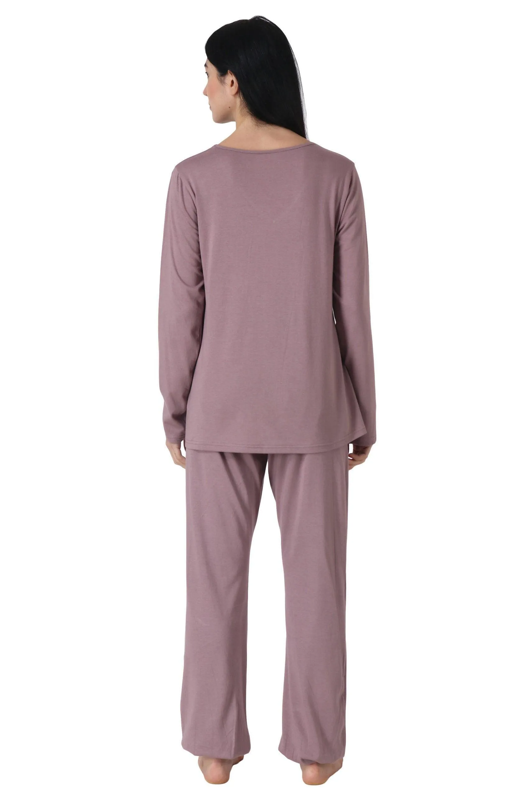 Cotton Solid Pyjama Night Suit Set with Long Sleeves-Lavender