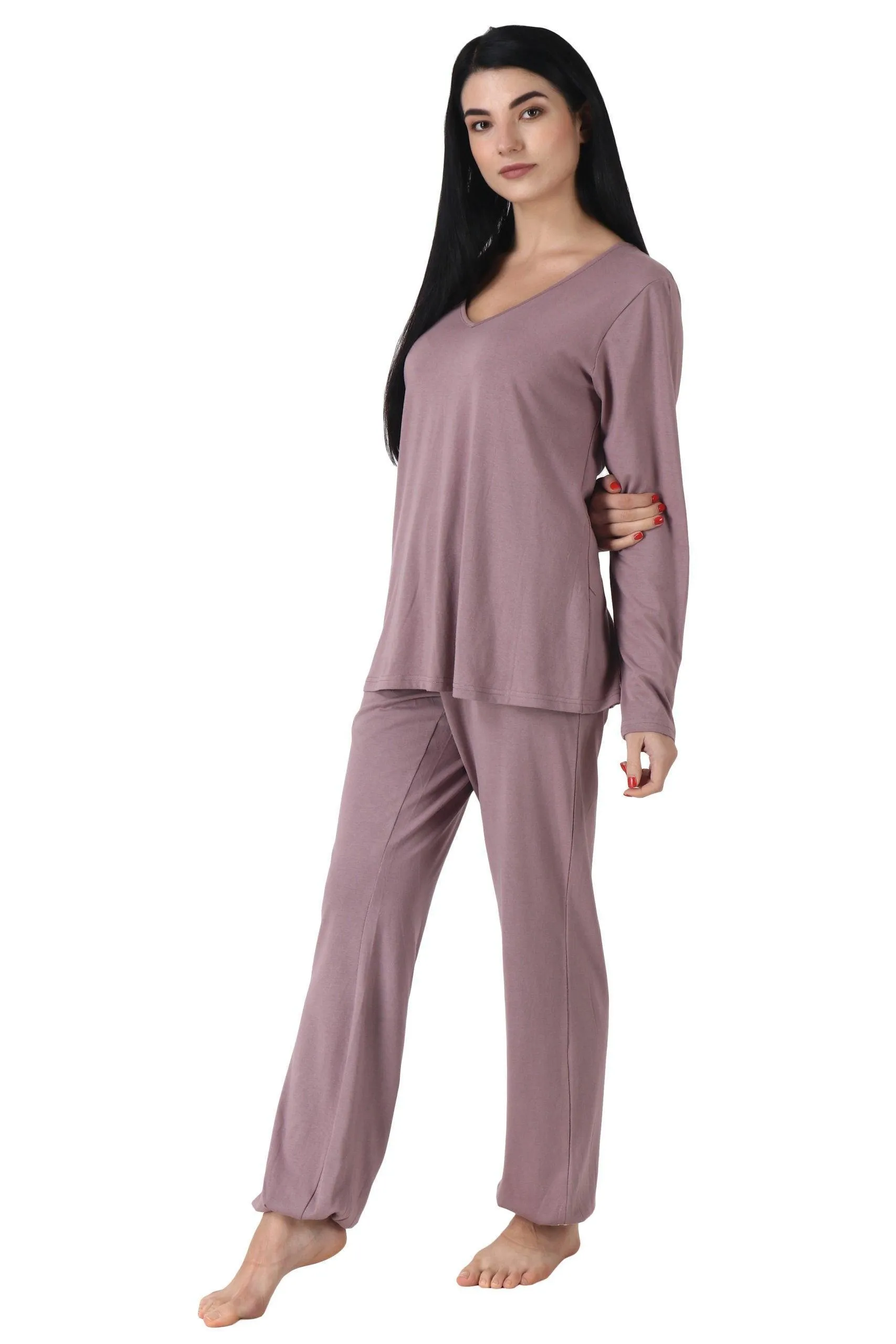 Cotton Solid Pyjama Night Suit Set with Long Sleeves-Lavender