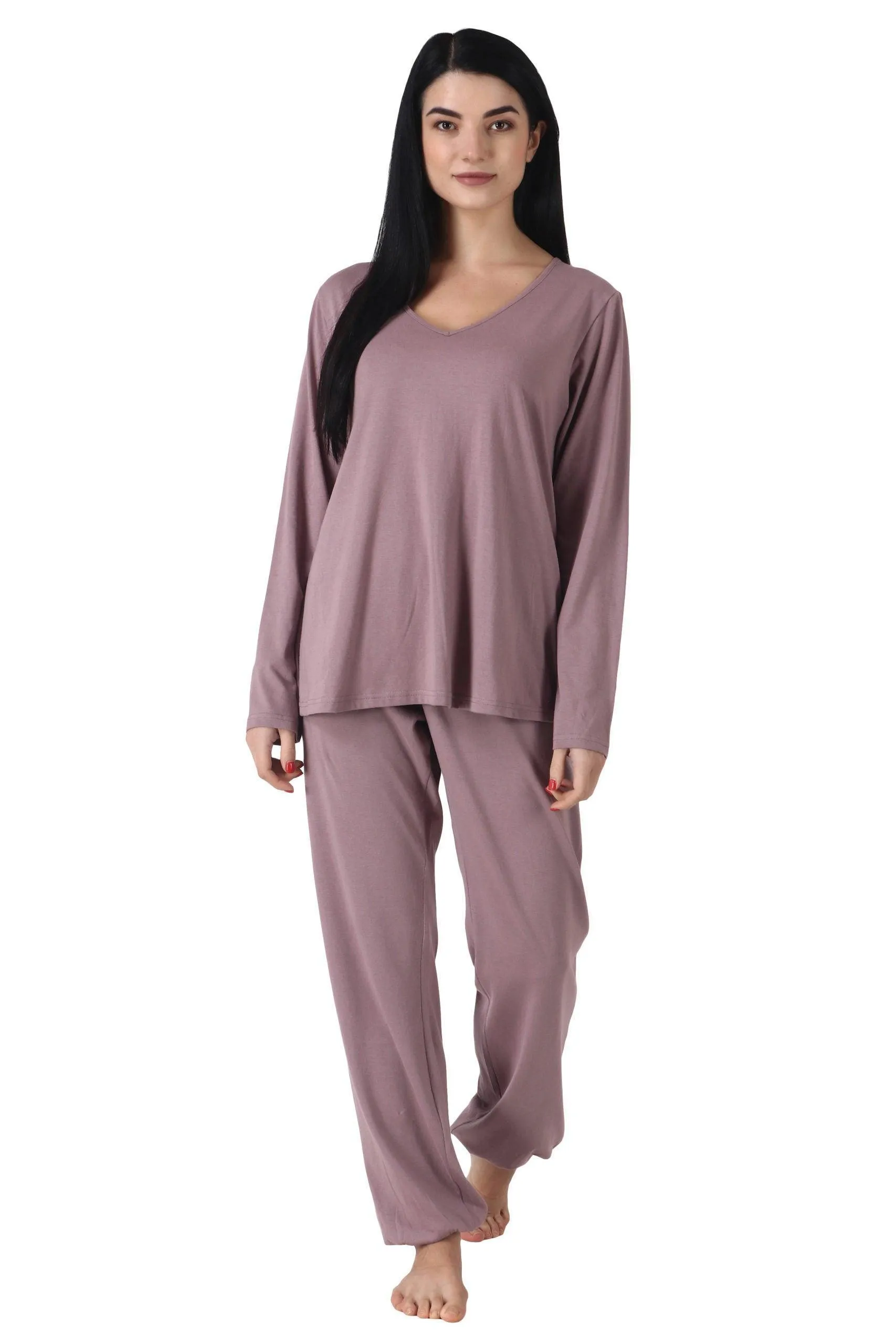 Cotton Solid Pyjama Night Suit Set with Long Sleeves-Lavender