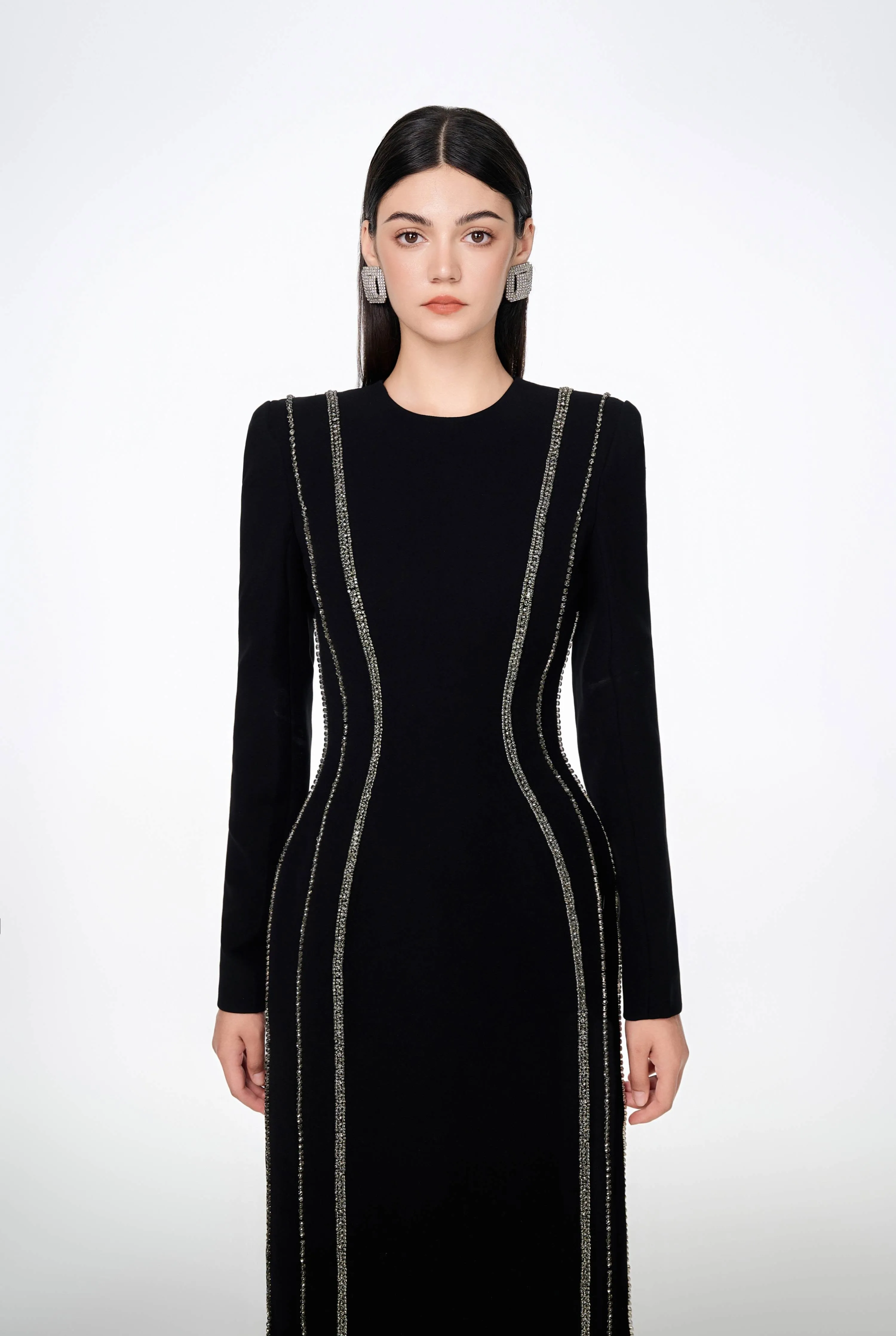 Crystal - Embellished Long Sleeve Bodycon Midi Dress