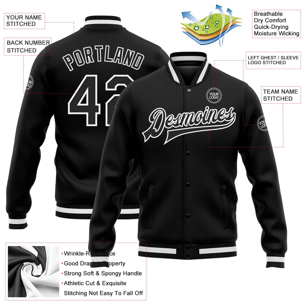 Custom Black Black-White Bomber Full-Snap Varsity Letterman Jacket