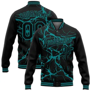 Custom Black Teal Abstract Network 3D Pattern Design Bomber Full-Snap Varsity Letterman Jacket