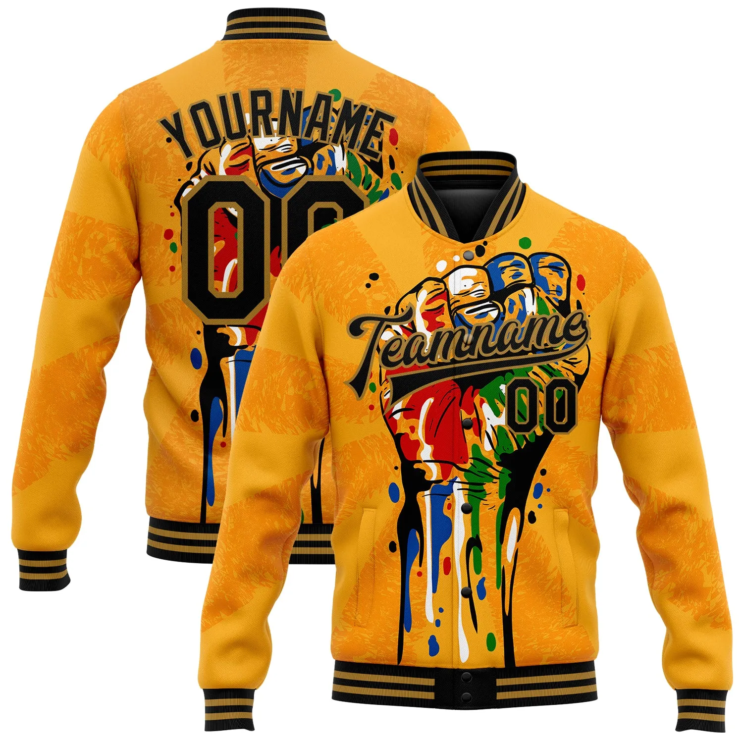 Custom Gold Black-Old Gold Black History Month 3D Pattern Design Bomber Full-Snap Varsity Letterman Jacket