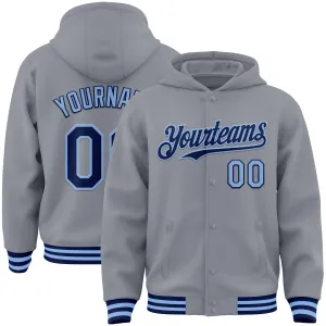 Custom Gray Navy-Light Blue Bomber Full-Snap Varsity Letterman Hoodie Jacket