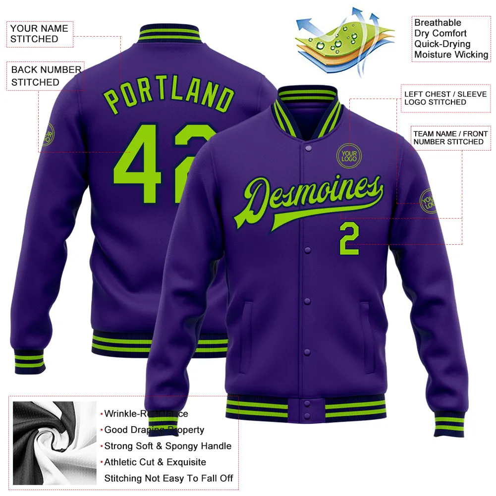 Custom Purple Neon Green-Navy Bomber Full-Snap Varsity Letterman Jacket