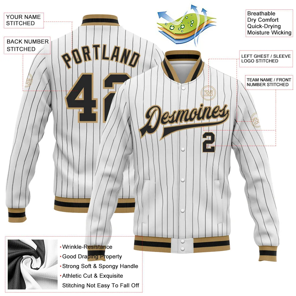 Custom White Black Pinstripe Black-Old Gold Bomber Full-Snap Varsity Letterman Jacket