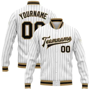 Custom White Black Pinstripe Black-Old Gold Bomber Full-Snap Varsity Letterman Jacket