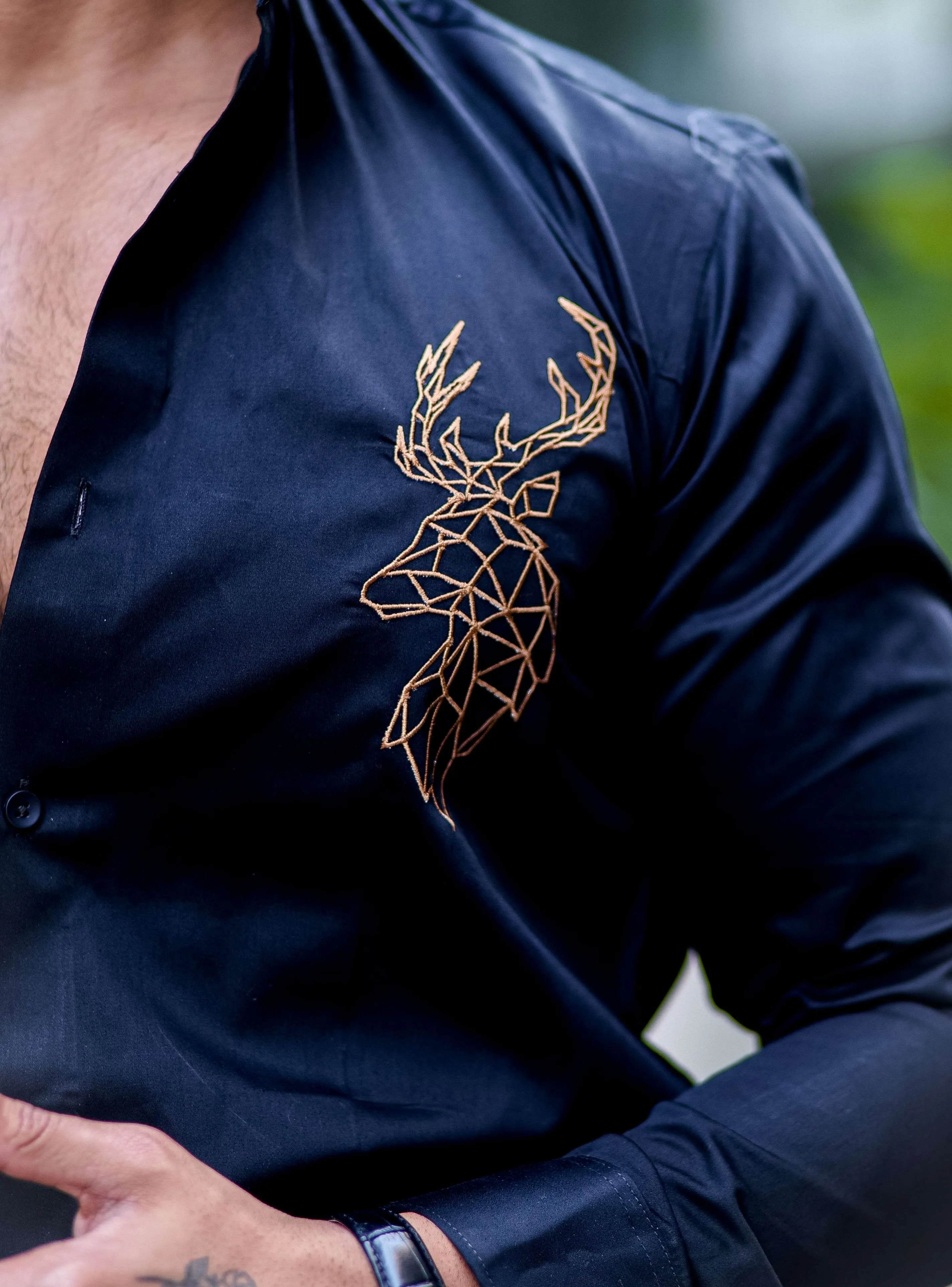 Deer Embroidered Black Golden Premium Cotton Shirt