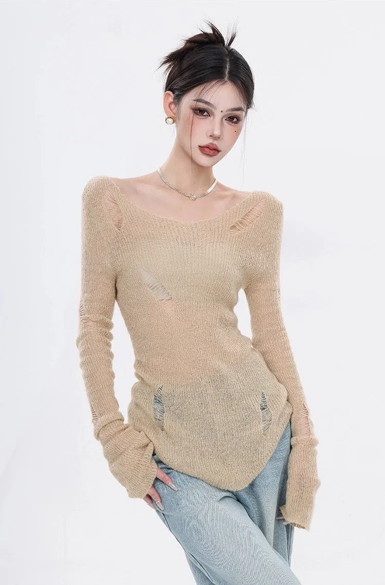 Distressed Hem Knit Lightweight Top with Thumb Holes