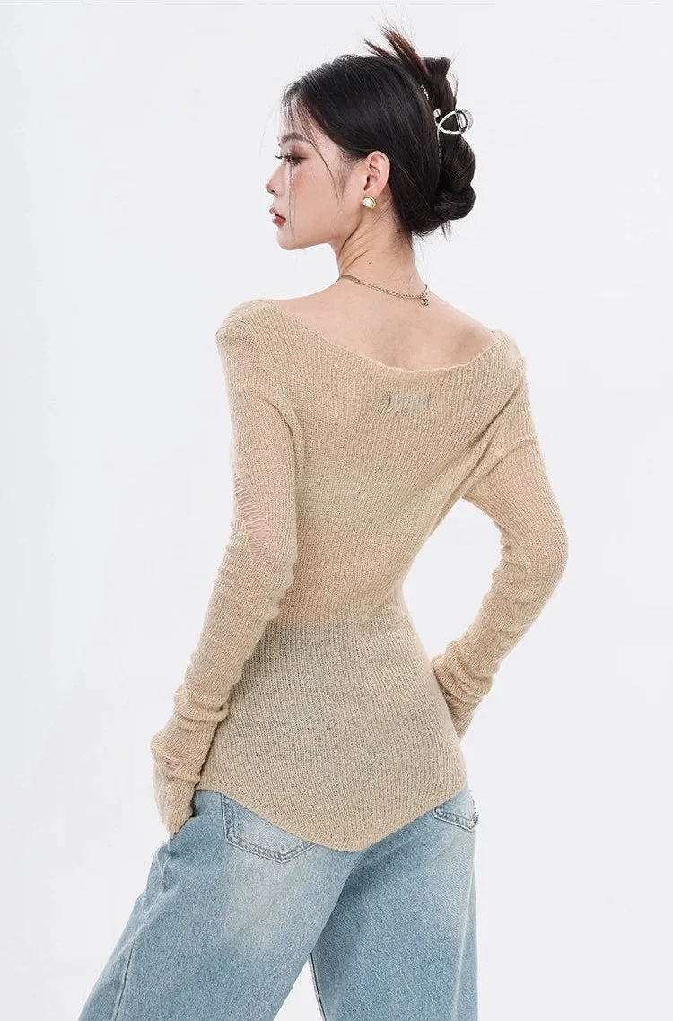 Distressed Hem Knit Lightweight Top with Thumb Holes