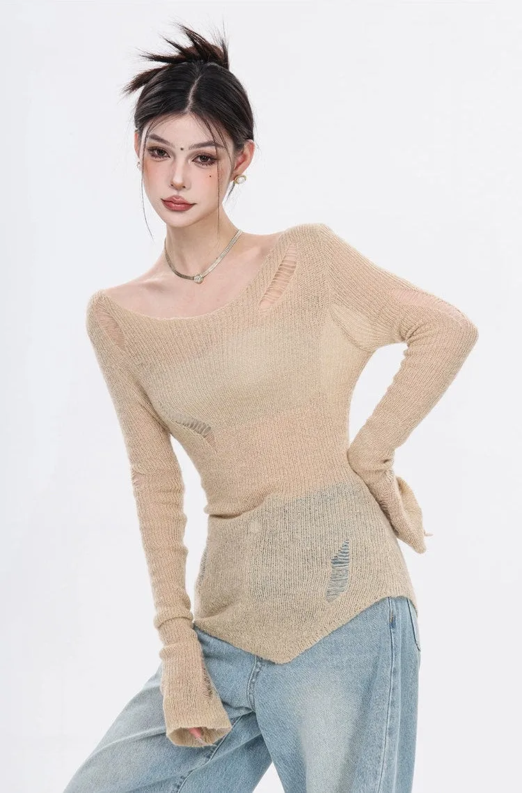 Distressed Hem Knit Lightweight Top with Thumb Holes