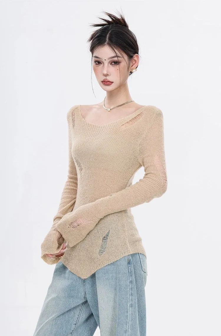 Distressed Hem Knit Lightweight Top with Thumb Holes