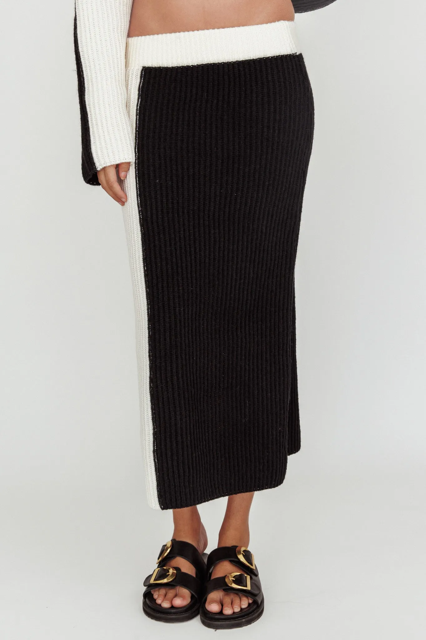 Eos Ribbed Knit Midi Skirt Black Cream