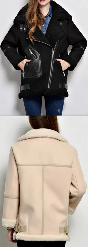 Faux-Shearling-Trim Bomber Jacket, Black or Sand