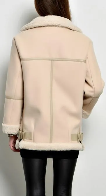 Faux-Shearling-Trim Bomber Jacket, Black or Sand