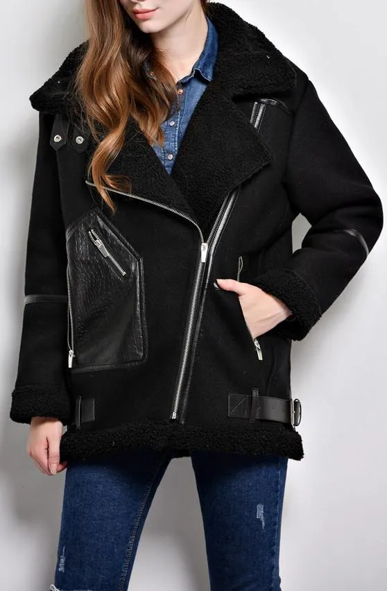 Faux-Shearling-Trim Bomber Jacket, Black or Sand