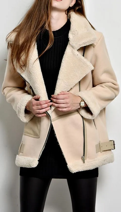 Faux-Shearling-Trim Bomber Jacket, Black or Sand