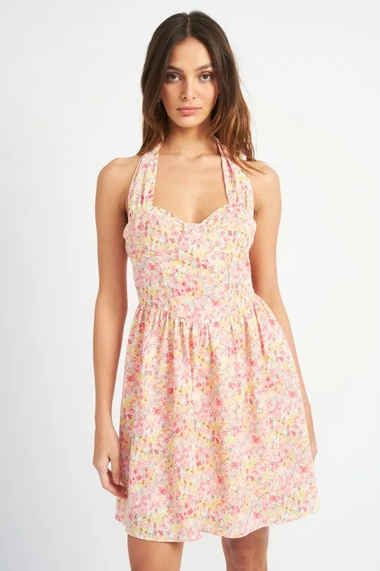 Floral Bustier Halter Neck Short Dress New Women's Fashion