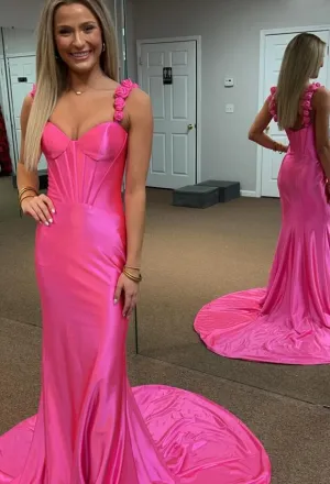 Floral Straps Mermaid Satin Long Prom Dress PC1214