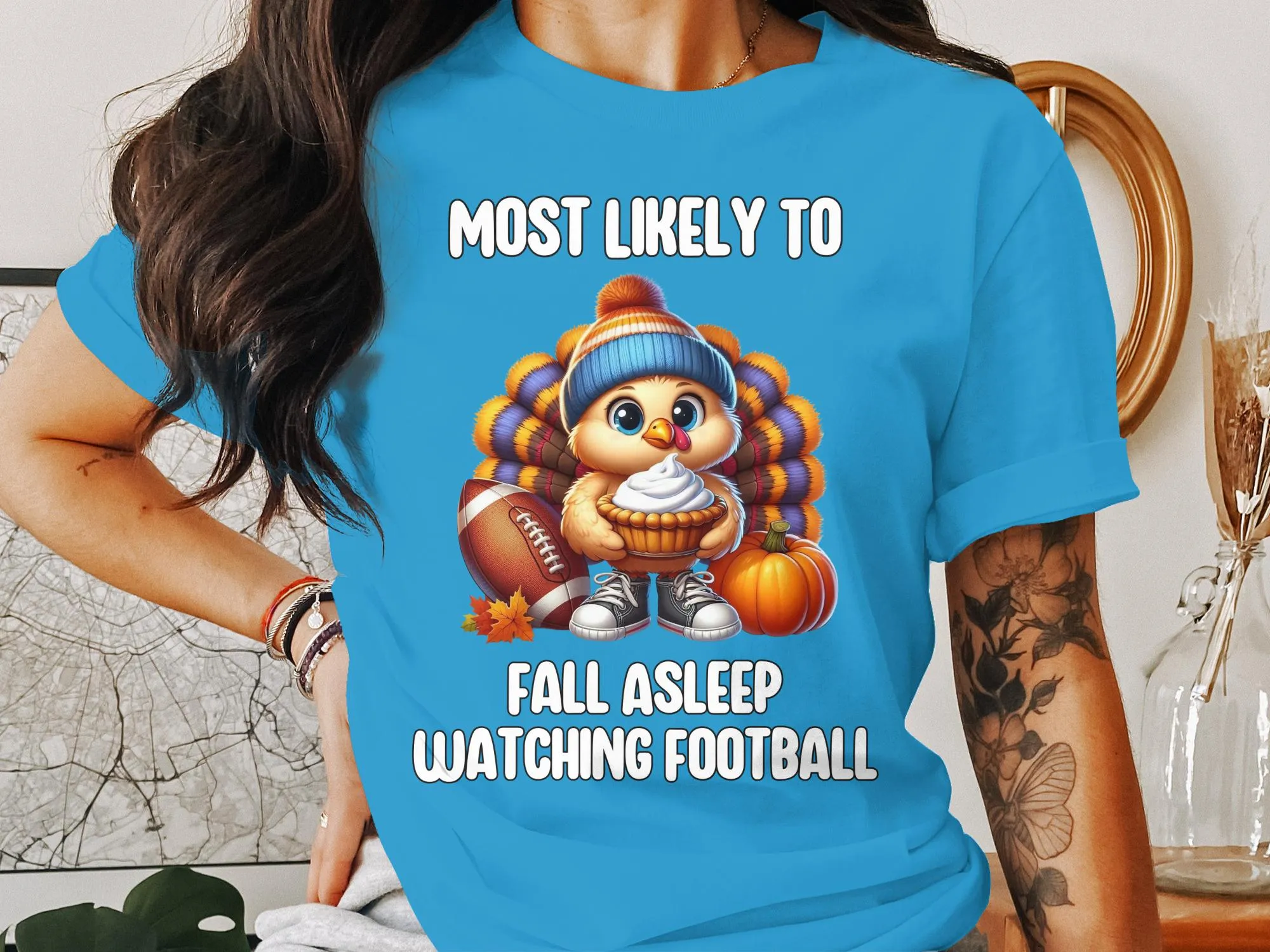 Funny Thanksgiving Football Turkey T-Shirt, Fall Asleep Watching Football Tee, Cute Turkey Pie Humor Shirt, Thanksgiving Family Shirt